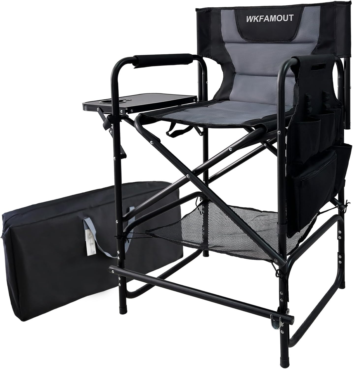 Tall Folding Directors Chair with Side Table 26.77″ Seat Height Foldable Camping Chair Bar Stool for Makeup Artist Face Painting with Footrest and Storage Pocket Supports 350LBS