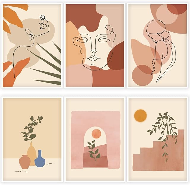 Whaline 6 Pack Abstract Line Art Poster Minimalist Wall Art Prints Waterproof Woman Face Drawing Modern Aesthetic Room Decor for Girls Women Home Bedroom College Dorm, 9.72" x 13.82"