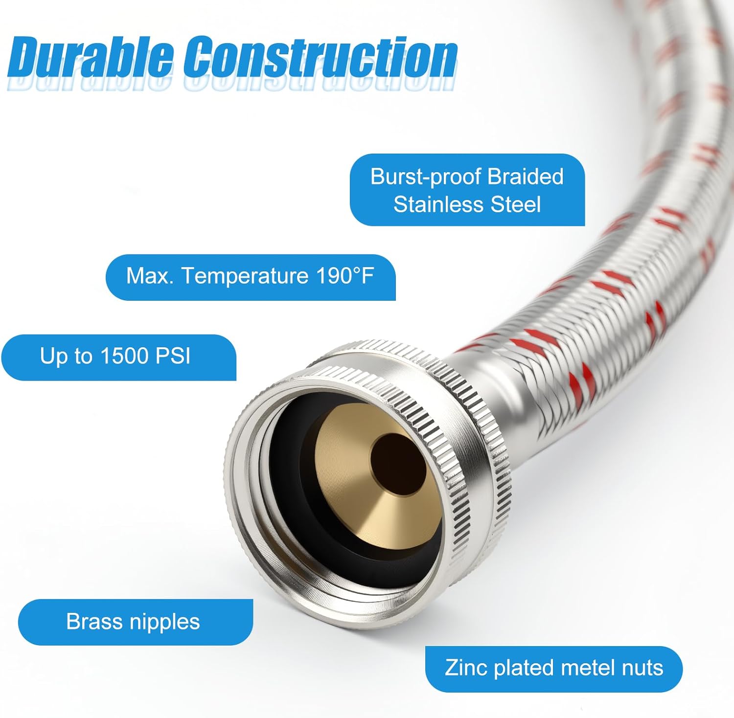 Washing Machine Y Mixer Hose Connector, Burst Proof Stainless Steel Water Hose, 1 ft Length Split Water Hose for Hot and Cold Water Supply, 3/4 Inch Brass Fittings