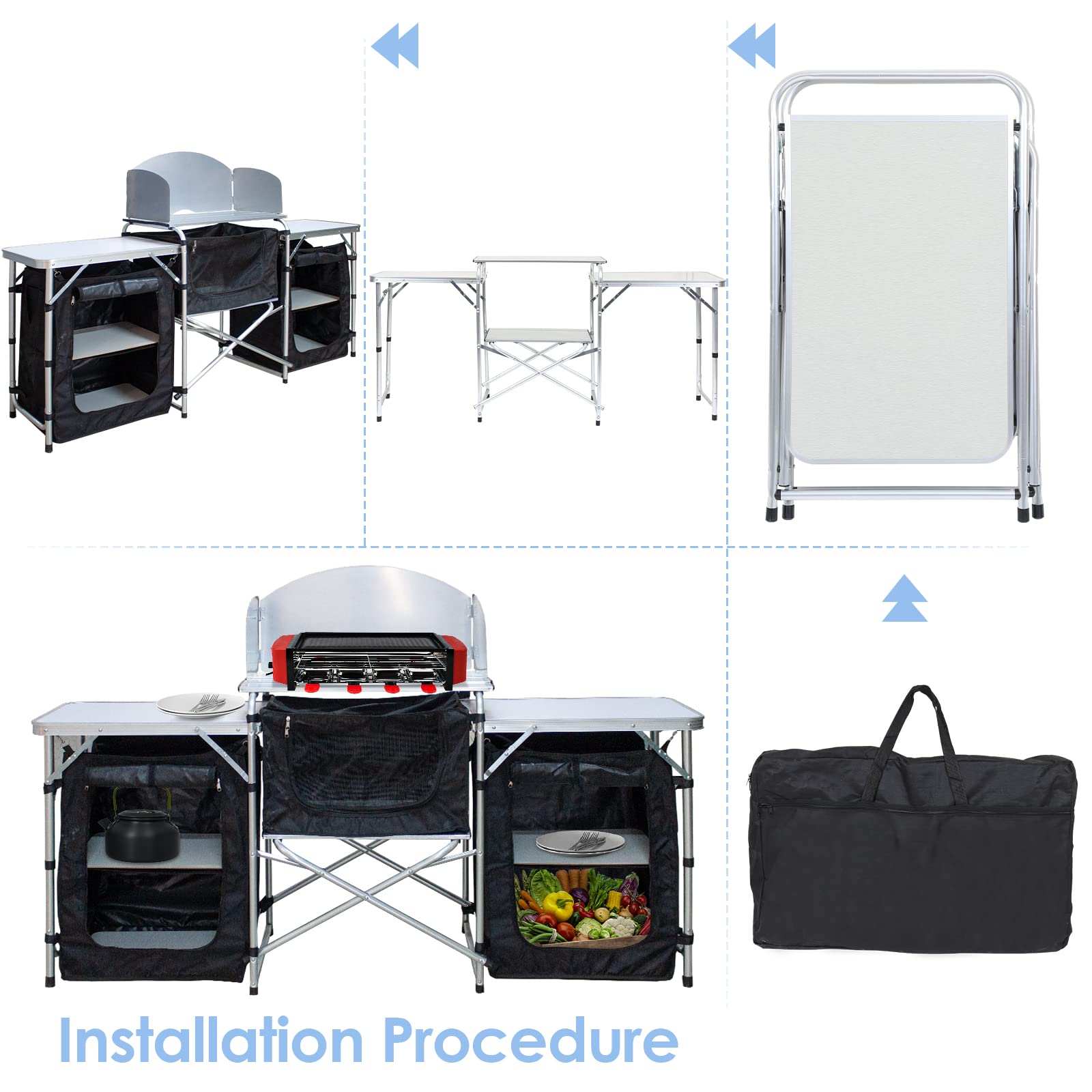 Cucina da campeggio con paraspruzzi e borsa trasporto, armadio pieghevole telaio alluminio, outdoor