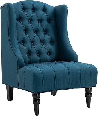 HOMCOM Linen Fabric Button Tufted Wingback Accent Chair with Thick Padded Cushioned Seats and Wooden Legs for Living Room and Bedroom, Dark Blue