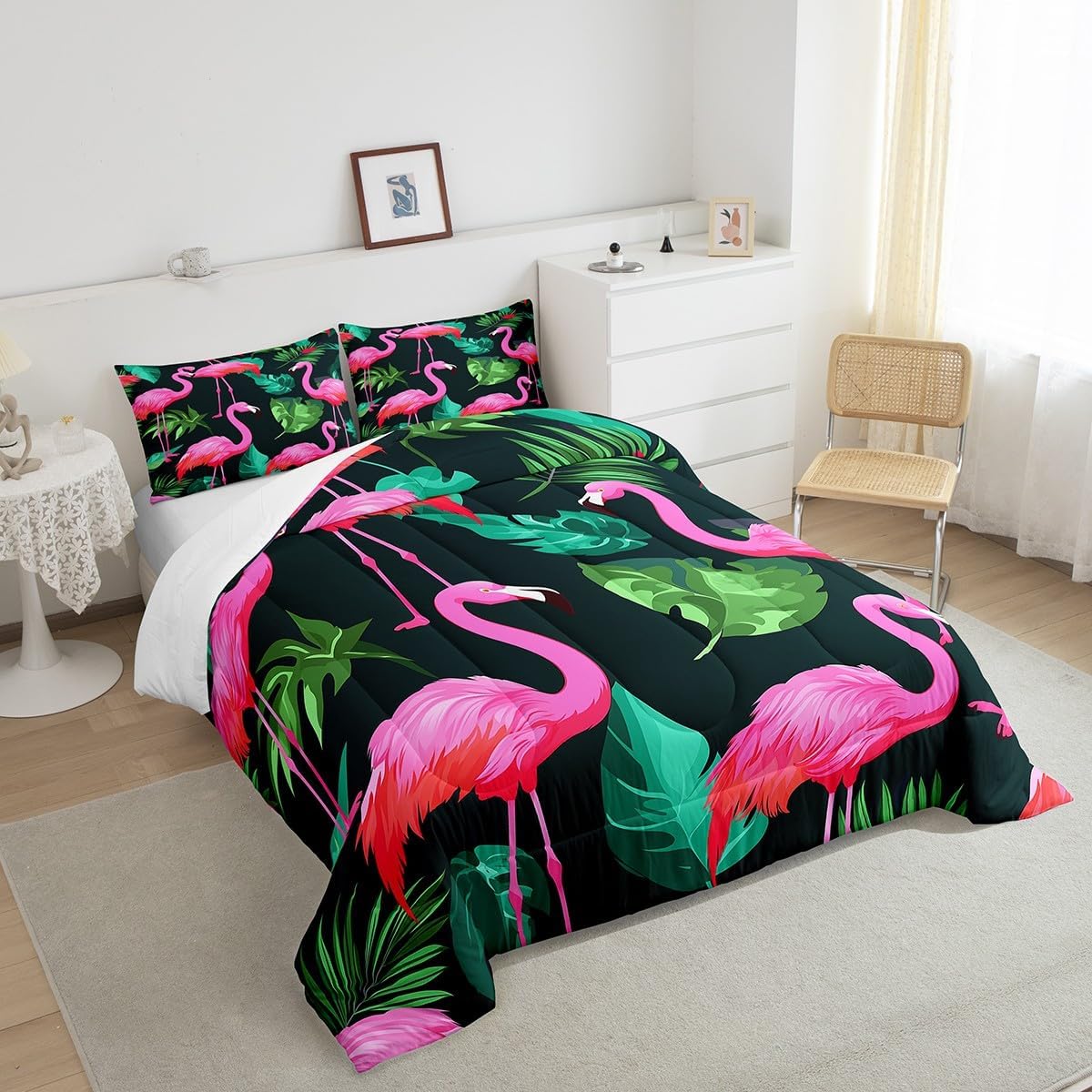Flamingo Kids Comforter Set Full Size,Tropical Botanical Palm Leaves Bedding Set,Girls Women Room Decor,Wild Birds Animals Hawaii Summer Beach Down Comforter,Pink Green Duvet Insert,2 Pillowcases