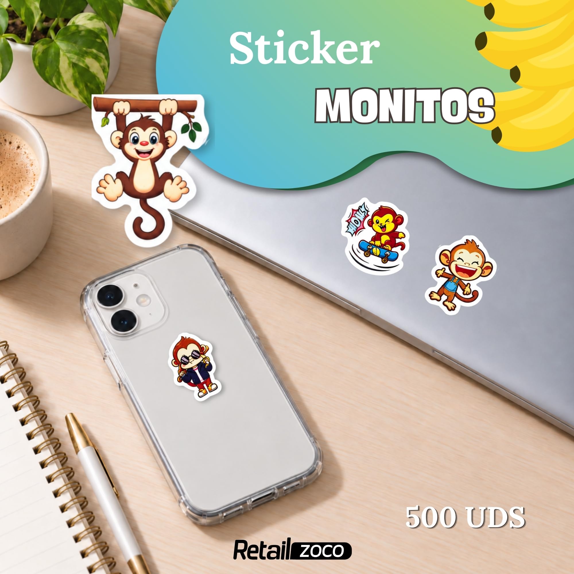 Rollo Pegatinas animales Monos para niños, animal stickers, 3 Unidades - imagen 2