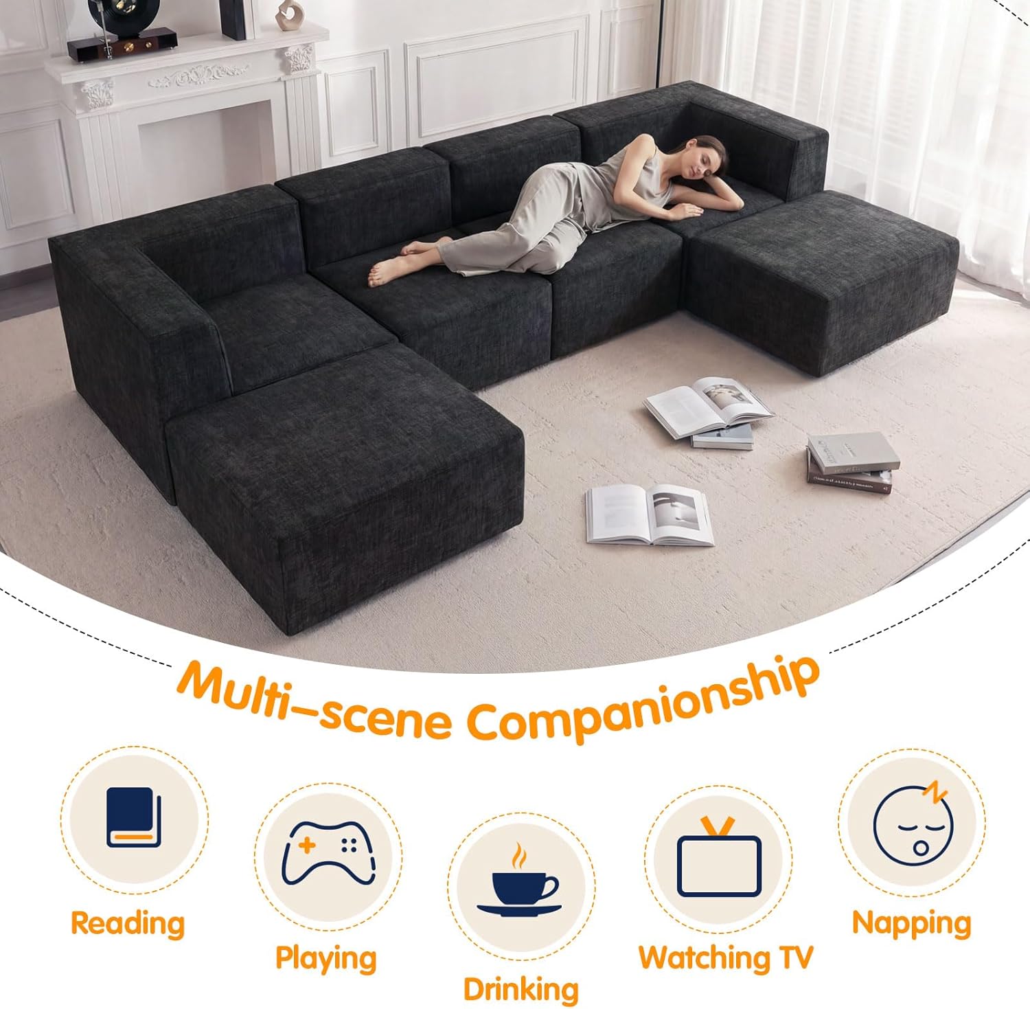 136" 6-Piece Sectional Sofa Modular Couches,L-U-Shaped with Chaise,for Living Room,Compressed Foam No Assembly,for Living Room (2xArmless Corner Ottoman) Fabric Chenille Dark Grey