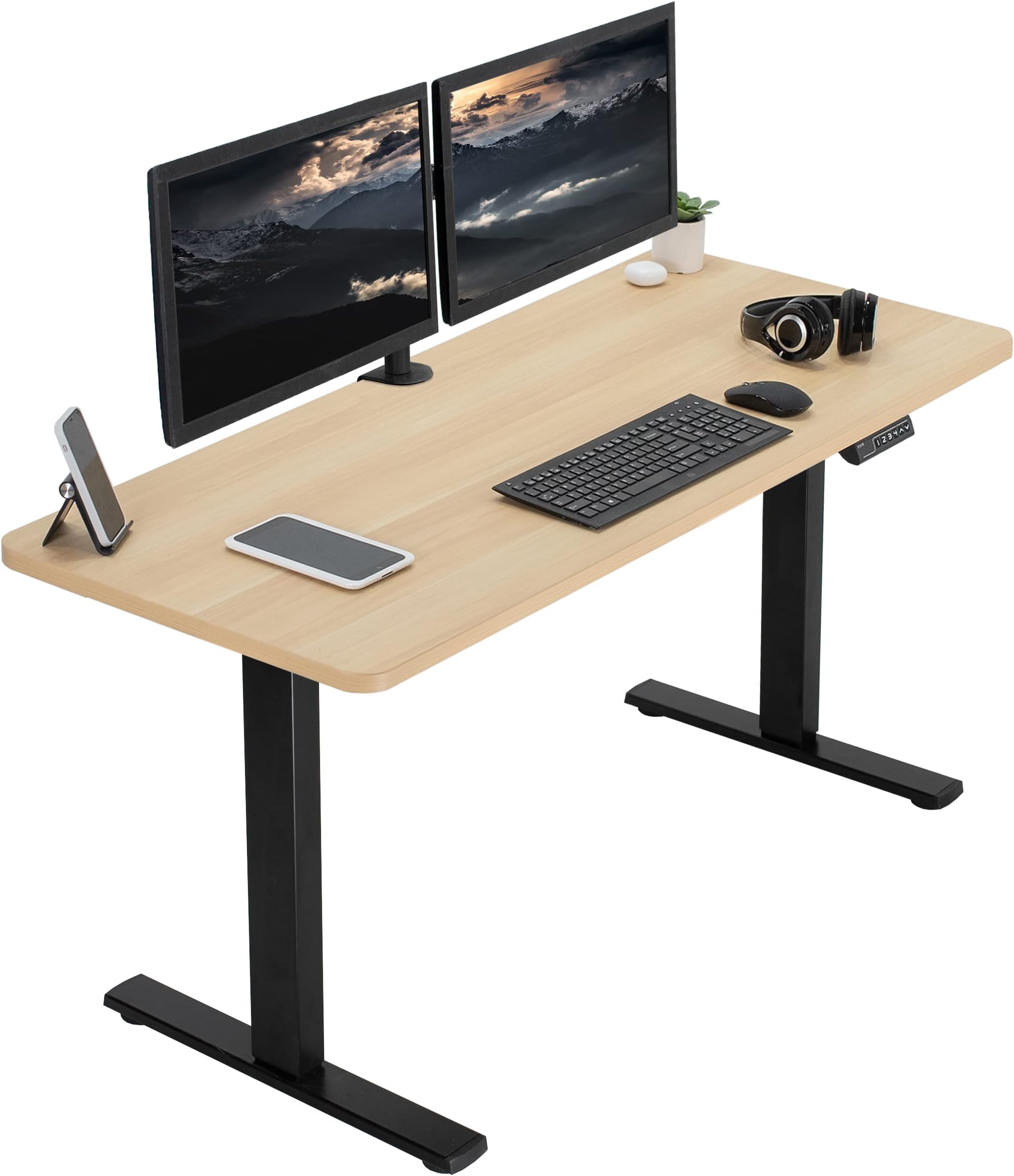 VIVO Electric Height Adjustable 60 x 24 inch Memory Stand Up Desk, Light Wood Solid One-Piece Table Top, Black Frame, Standing Workstation with Preset Controller, DESK-KIT-1B6C