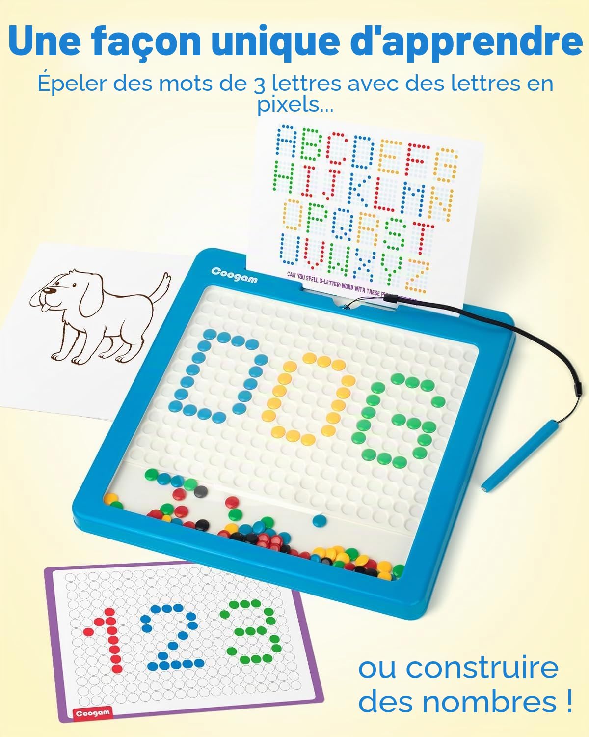 Coogam Grande plaque magnétique de graffiti avec stylo et perles de points, jouet en riz pour les petits enfants de 3 à 4 à 5 à 6 ans