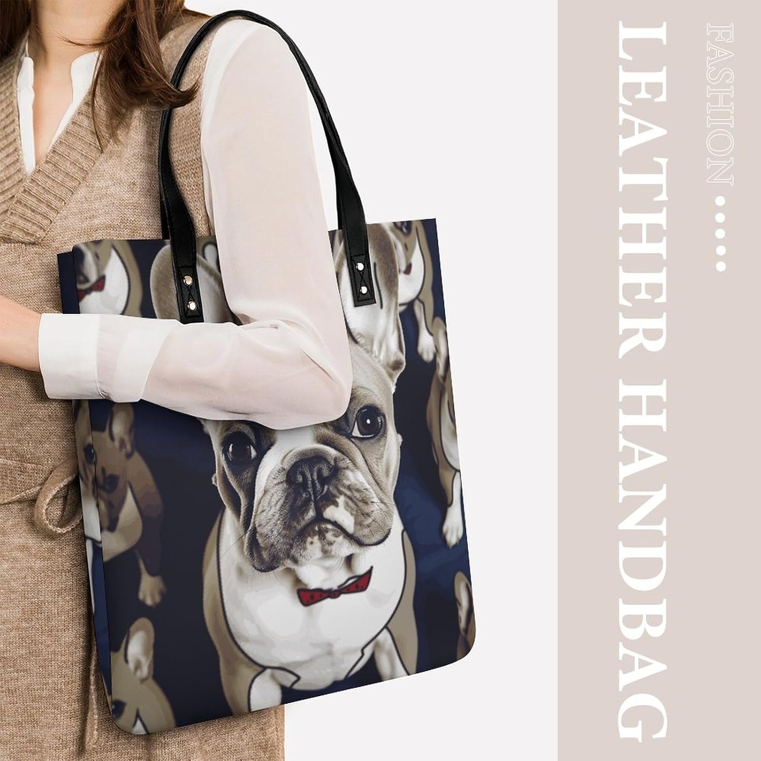 Cute French Bulldog Handbags Large Capacity, Tote Bag Stylish Slouchy, Shoulder Bags for Work Beach Travel And Shopping Grocery.