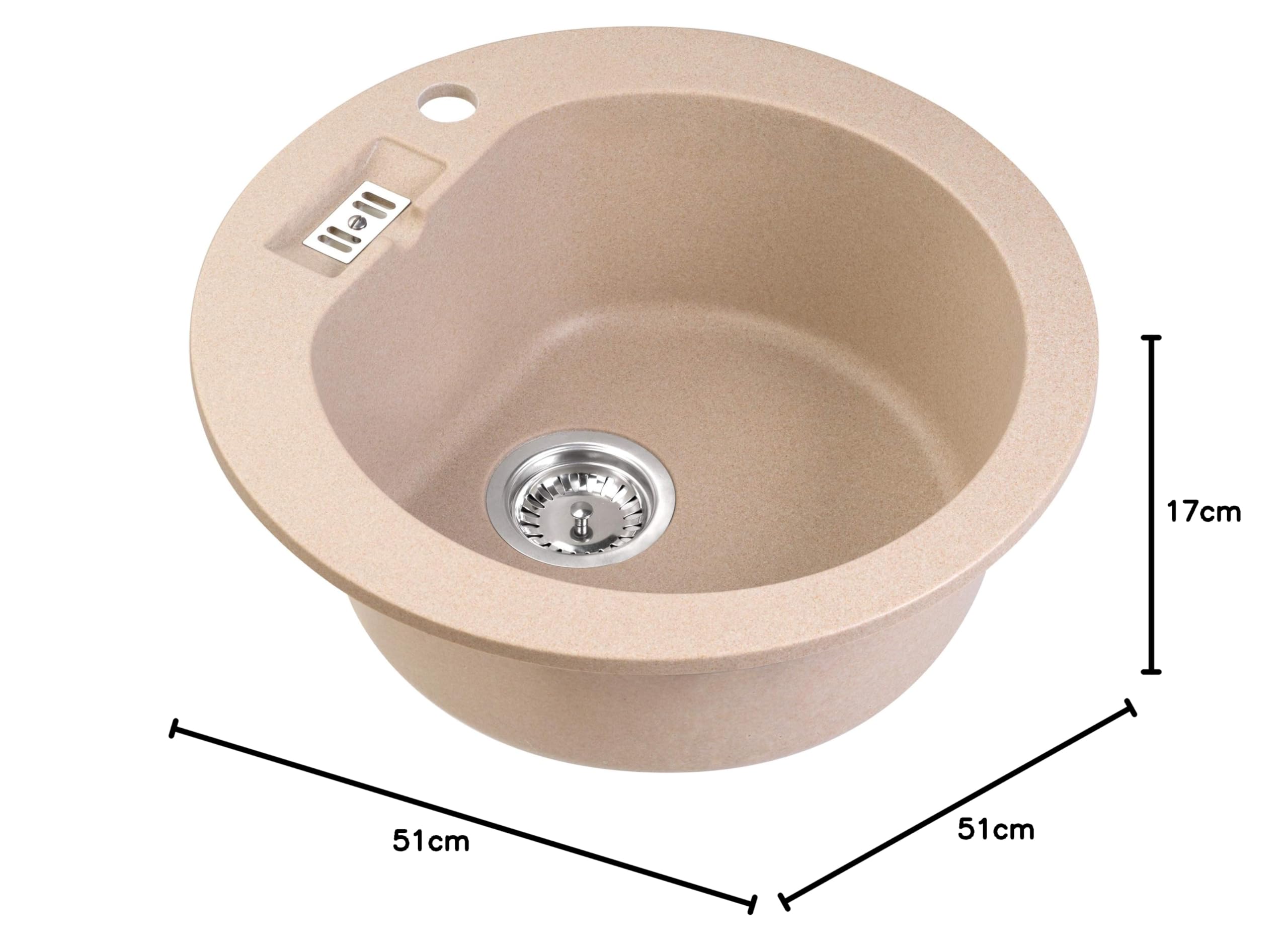 Luccio Granit Spüle Einbauspüle Spültisch Spülbecken rund inkl. Ablaufgarnitur, Korbventil, Siphon und Schablone in Beige