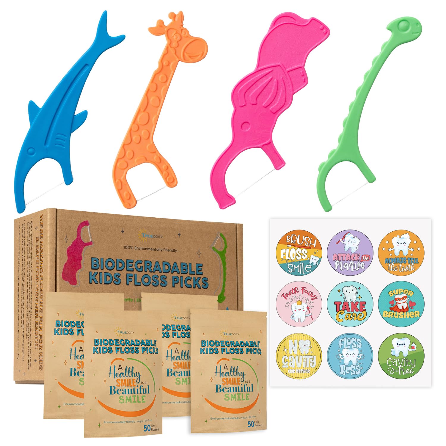 Biodegradable Kids Flossers -200 Pack, Natural Kids Floss Picks, Fluoride Free, Biodegradable Floss Pick, Organic Animal Dental Floss Picks, Dental