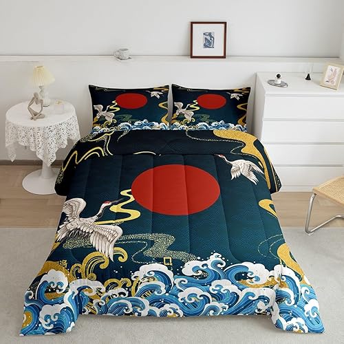 Feelyou Juego de edredón de grúa estilo japonés, con patrón de olas de mar, para mujeres y niñas, decoración tradicional con temática retro,