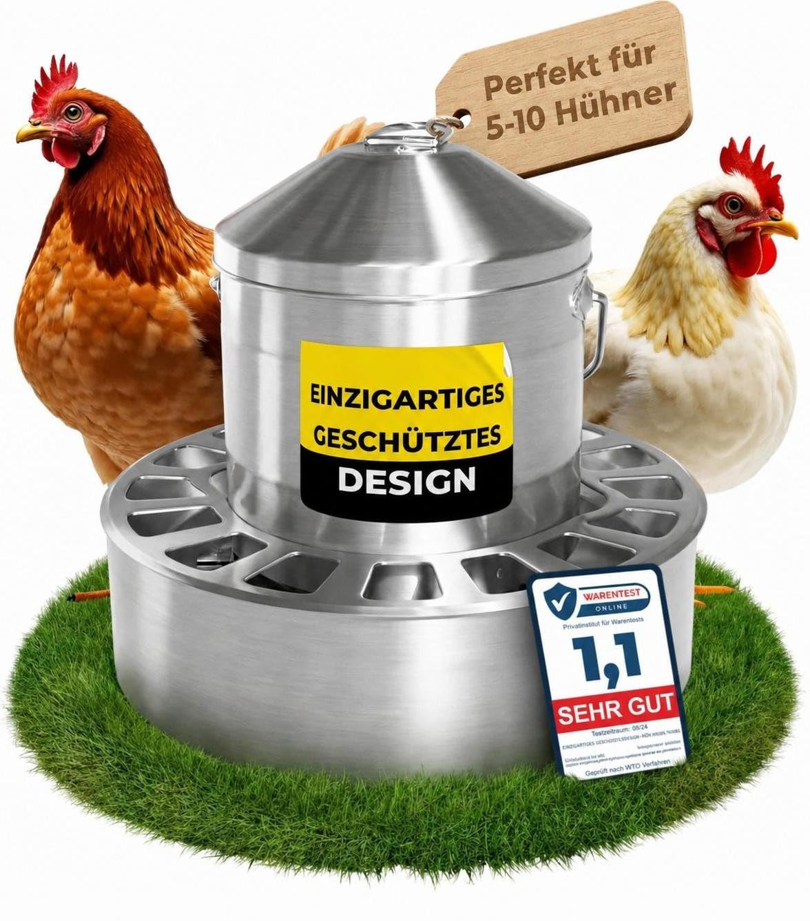 Edelstahl Futterautomat Hühner (4L / 8L / 12L Volumen) I Spart bis zu 40% Futter I aufhängbar & rattensicher I Abnehmbares klick-Gitter I Spülmaschinengeeignet I frei von scharfen Kanten