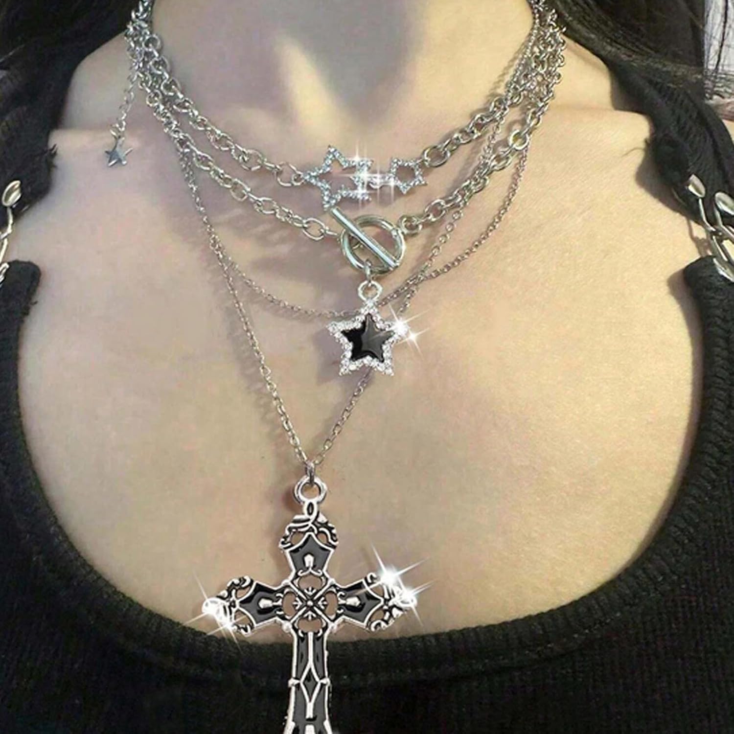 Cross Necklace for Women Y2K Gothic Silver Star Cross Charm Choker Layered Chunky Chain Trendy Dainty Long Punk Necklaces Birthday Jewelry Gifts - Image 2