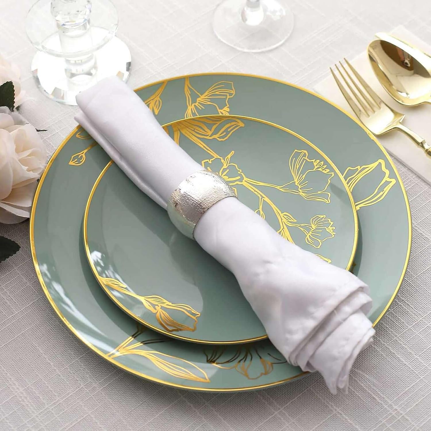 Efavormart Set of 20 Dusty Sage Green Gold Floral Plastic Plate Set, 10" Dinner Serving Plates and 7" Dessert Appetizer Plates for Garden Receptions