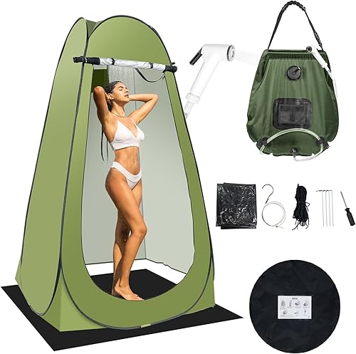 Tienda de campaña portátil de privacidad, kit de tienda de ducha al aire libre con bolsa de ducha de 5 galones (boquilla mejorada) Verde,Negro