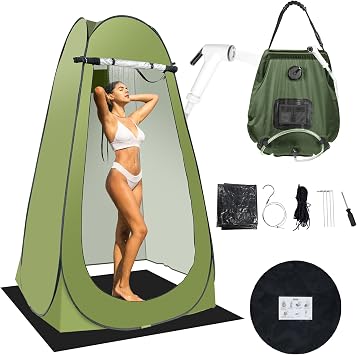 Portable Camping Privacy Tent, Outdoor Shower Tent Kit with 5 Gallon Shower Bag-Nozzle Upgraded