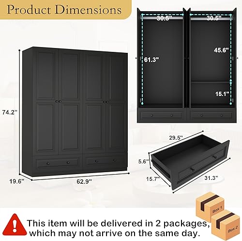 Miniatura 2 de Armario Armario con cajones: armario de dormitorio de 74 pulgadas para colgar ropa, armarios negros con puertas, armario moderno con estantes