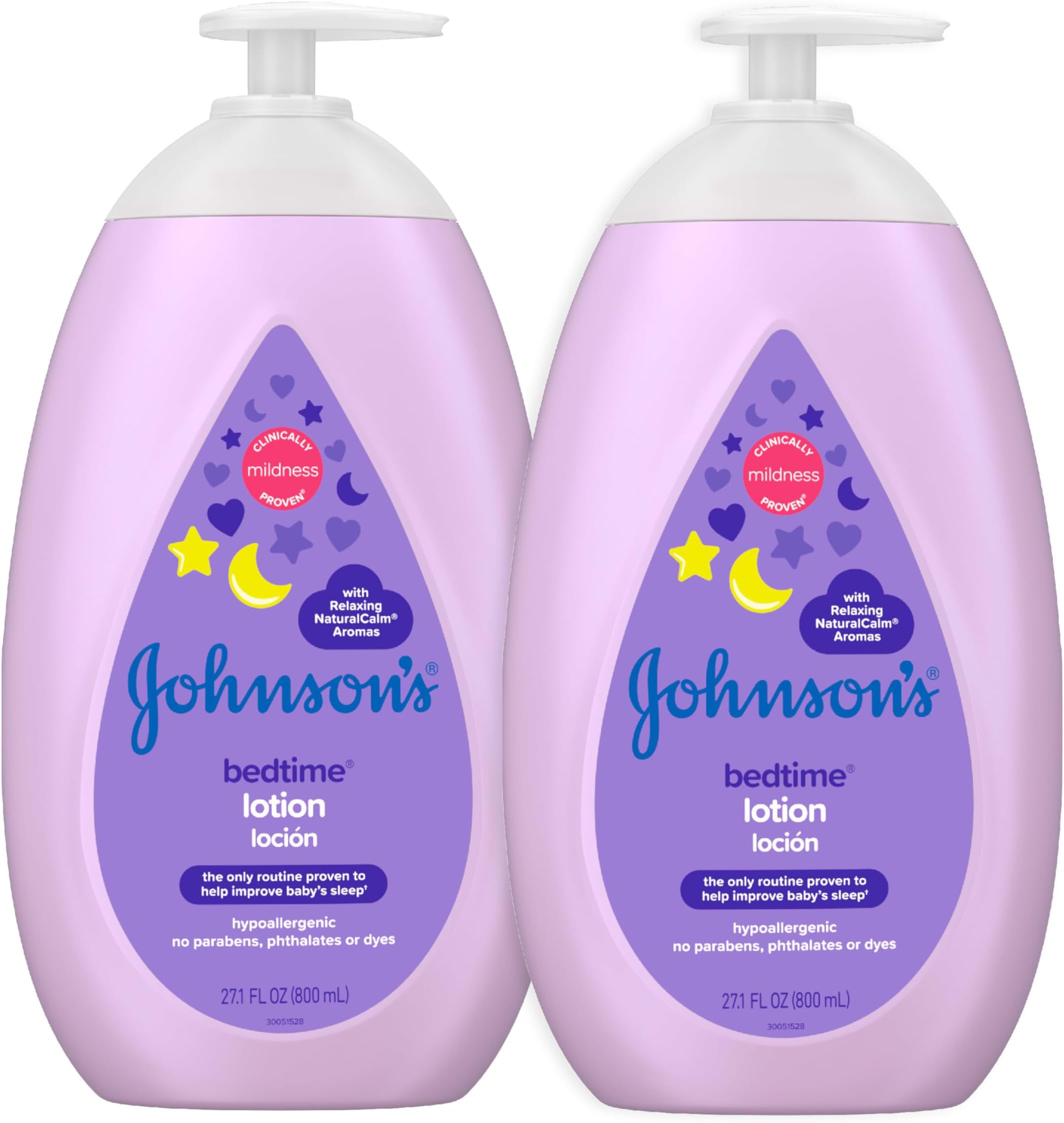 Johnson's Moisturizing Bedtime Baby Lotion with Coconut Oil & NaturalCalm Aromas to Help Relax Baby, Mild, Hypoallergenic & Paraben-, Phthalate- & Dye-Free, Twin Pack, 2 x 27.1 fl. oz