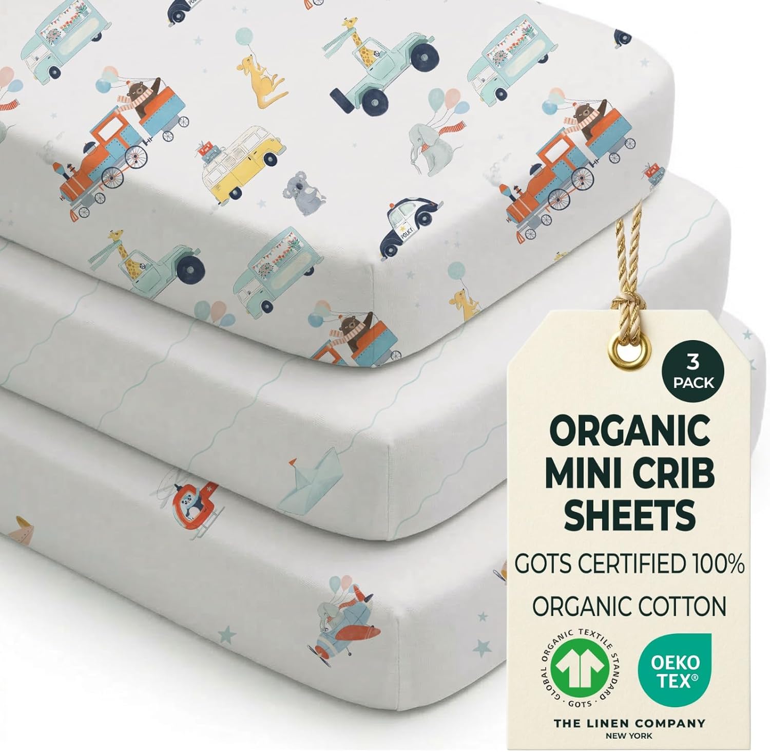 100% Organic Cotton Mini Crib Sheets (3-Pack) – GOTS Certified, Soft Fitted Sheets for Mini Mattress & Pack n Play, 5 in Deep Pocket with Secure Elastic Fit, Boys & Girls, (27" x 39") Tiny Explorers