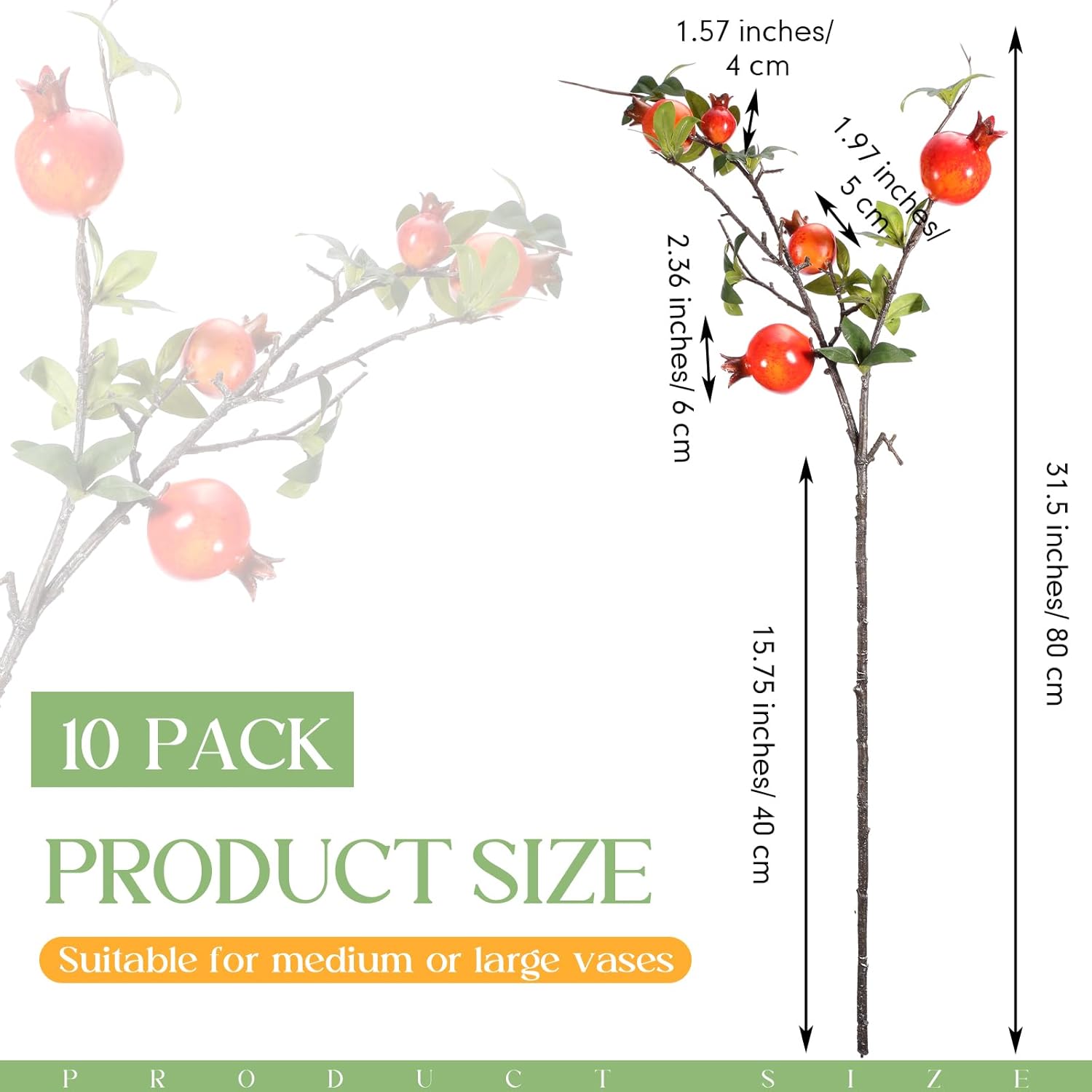 10 Pcs 31.5'' Artificial Pomegranate Branches Tall Faux Pomegranate Flower Stem Fake Berries Branches for Wedding Home Vase Party Decorations(Orange)