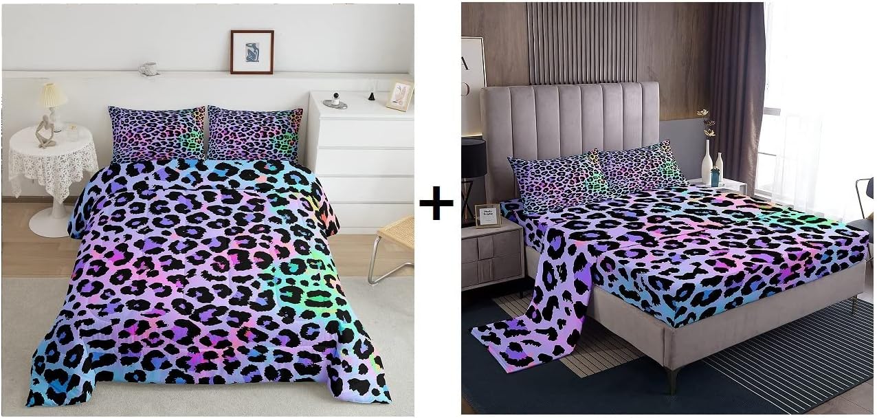 Erosebridal 7PCS Cheetah Print Comforter Set +Fitted Sheet+Flat Sheet+Pillow Cases, Purple Leopard Skin Bedding Set