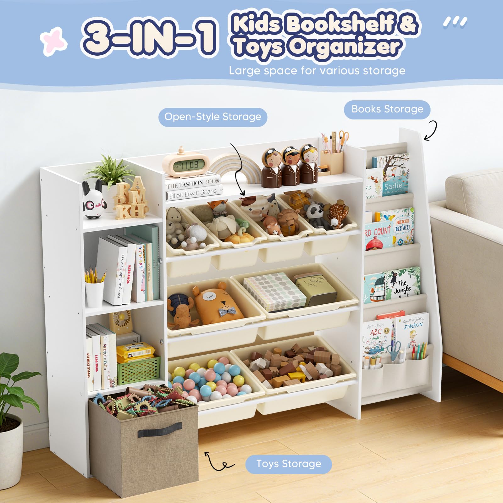 Kinderregal, Holz-Bücherregal mit 8 Aufbewahrungsboxen, Kinderzimmermöbel mit Spielzeugkiste für Schlafzimmer, Wohnzimmer, Arbeitszimmer, 147 x 30 x 100 cm, Weiß