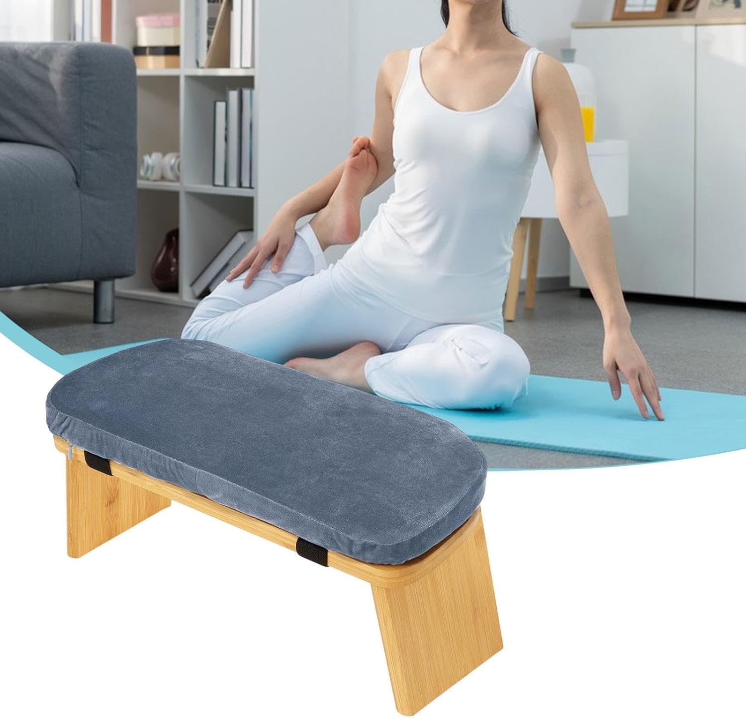 Folding Mation Bench with Soft Cushion - Wooden Kneeling Stool for Prayer, Yoga & Extended Ptice - Comfortable Blue Prayer Chair Gray Blue