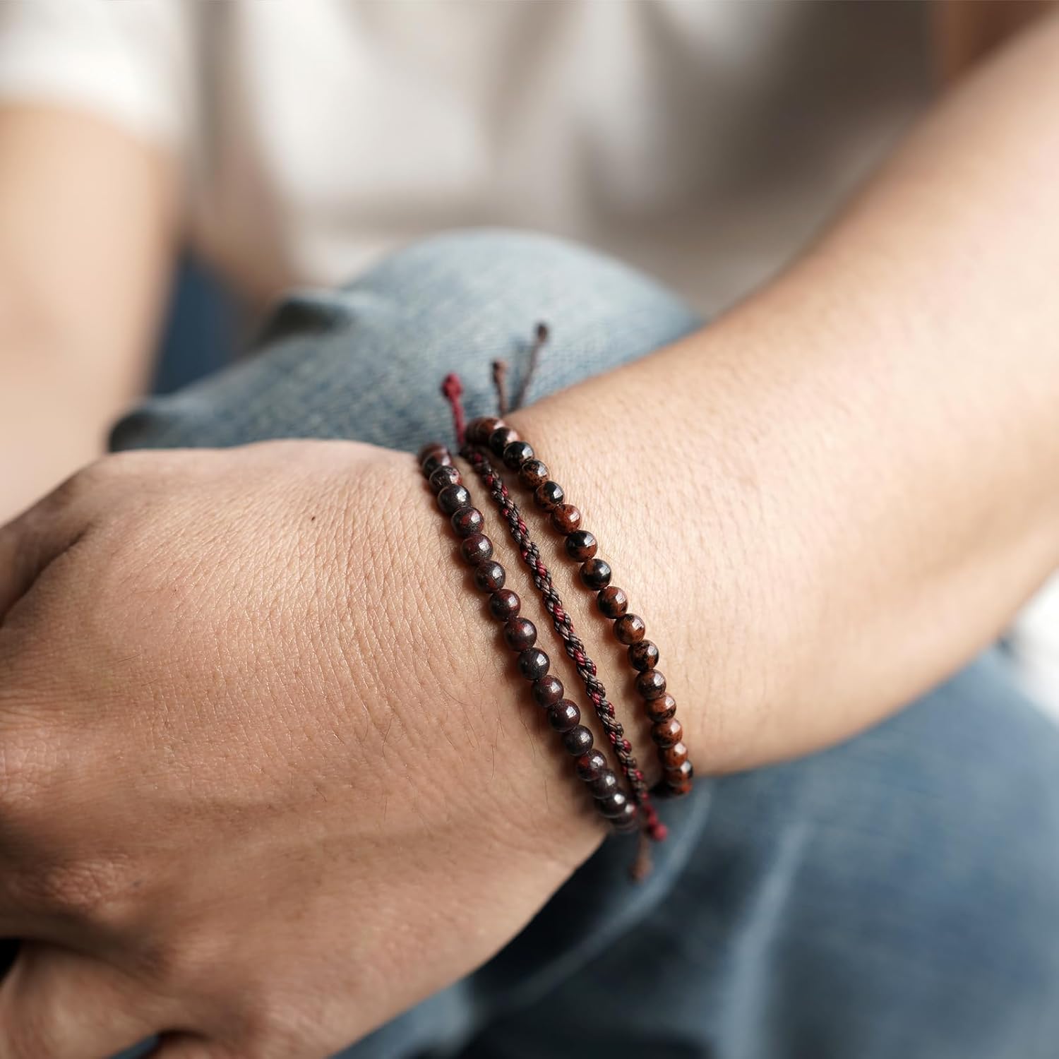 Mezcla Vida 3 Pcs Handmade Natural Gemstone Beaded Bracelet, Adjustable Waterproof Rope Bracelet Set, Valentines Day Birthday Gifts for Boyfriend Husband Him - Image 4