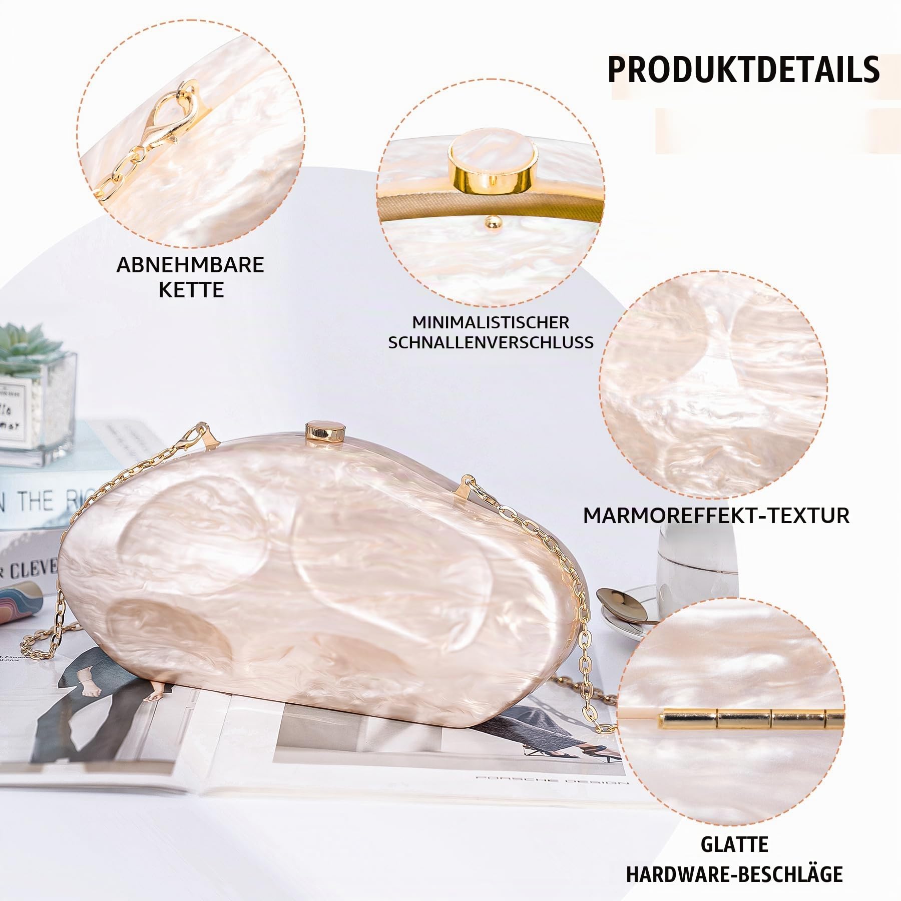 Larcenciel Acryl Handtasche Damen, Unregelmäßige Muschelform Champagner Clutch mit Abnehmbarer Kette, Elegante Abendtasche Kleine Umhängetasche für Hochzeiten, Partys, Abschlussbälle, 26.5 x 5 x 13 cm