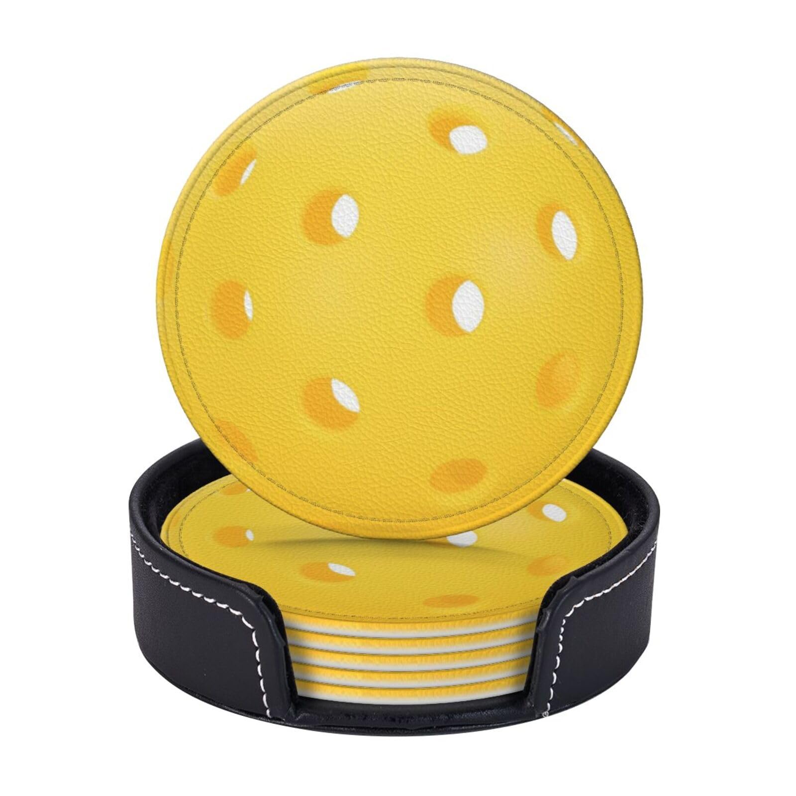 Pickleball Coasters for Drinks with Holder Round Leather Coasters Set of 6 Cups Mugs Mat Pad for Home Kitchen Bar