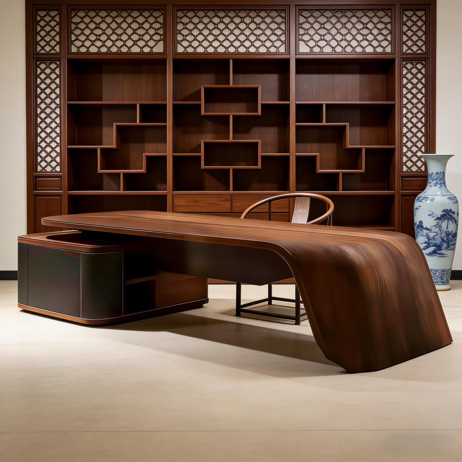 Executive L-Shaped Office Desk in Walnut - Large Curved Desktop with Privacy Shield - Premium Wood Grain Desk with Side Storage Cabinet(Right Cabinet,92")