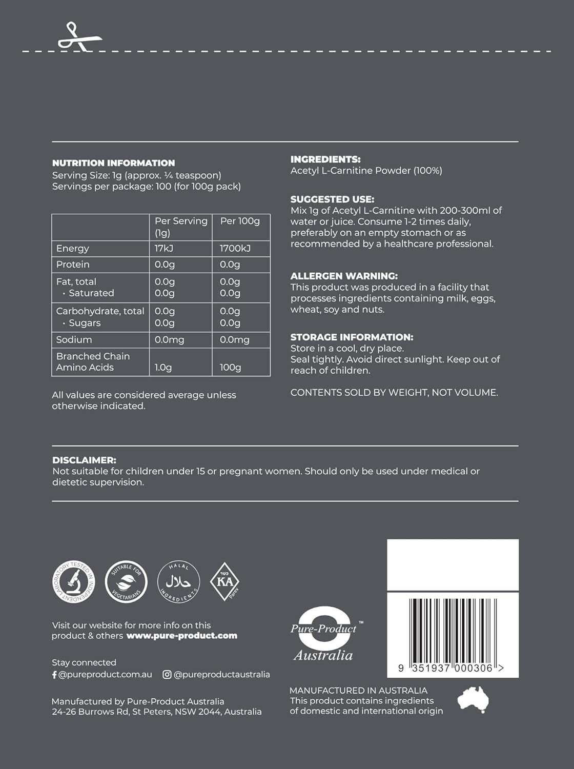 Pure Product Australia Acetyl L-Carnitine ALCAR HCL Powder Premium Quality 0.44lbs
