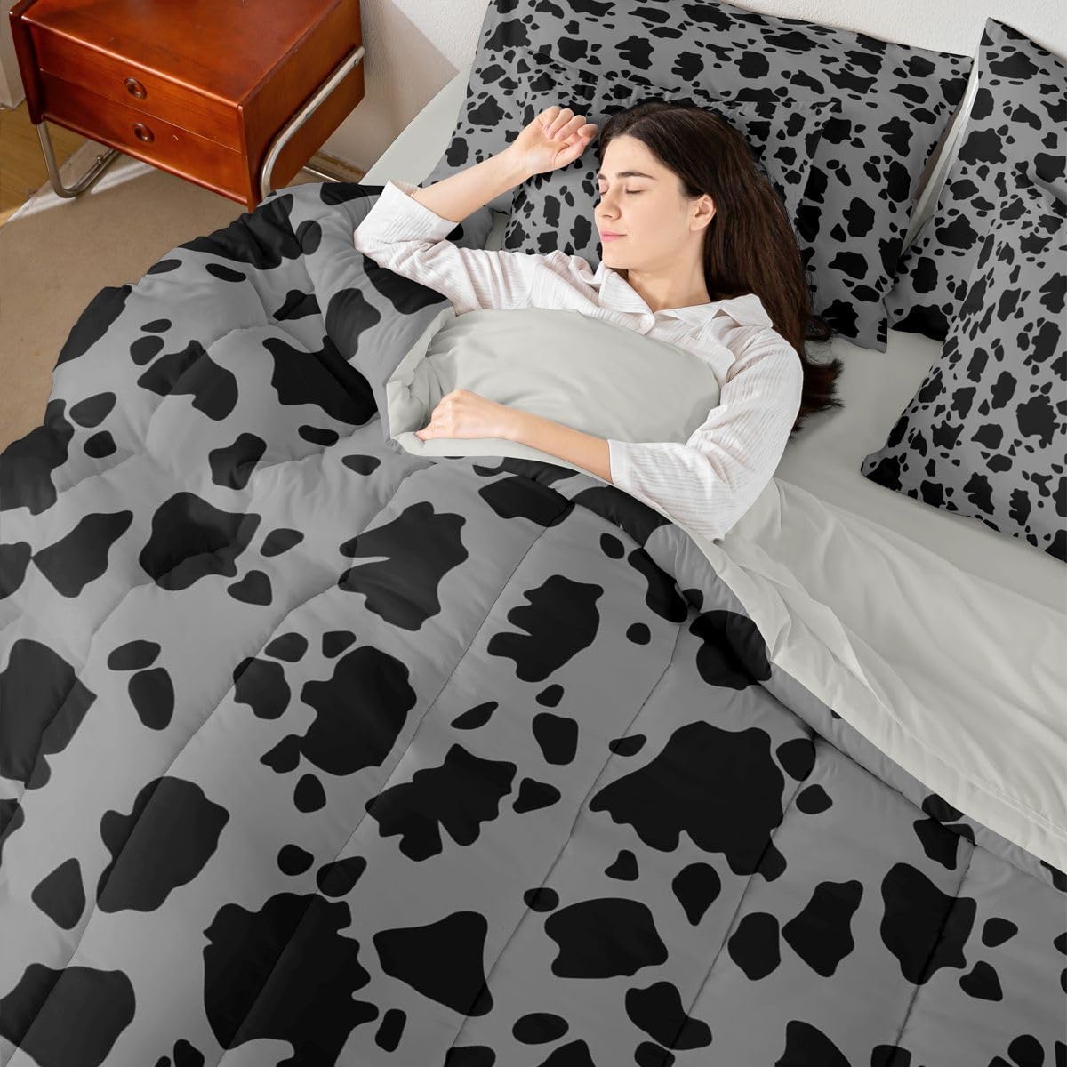 Feelyou Western Cow Print Queen Comforter Set with Sheets for Kids Boys Girls Black Grey Animal Cowhide 7 Pieces Bedding Set Western Farmhouse Rustic Bed in a Bag Room Decor Soft