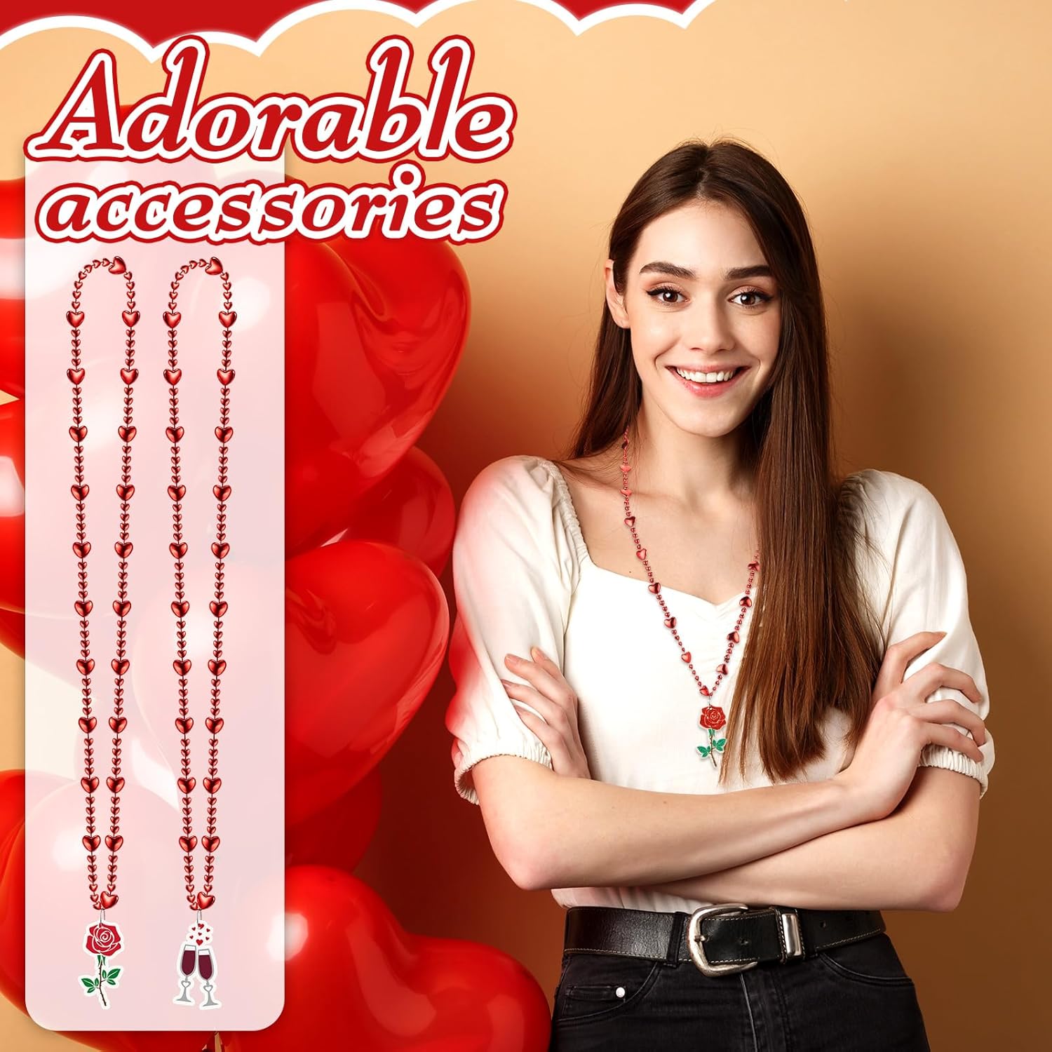 Ecally 24 Pcs Mother's Day Beads Necklaces Pink Beaded Necklaces Accessories Pink Heart Rose Bow Accessories for Mother's Day Party