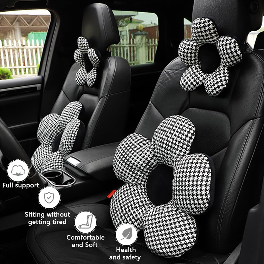 4Pack Houndstooth Butterfly Knot Car Neck Pillows and Lumbar Support Pillow Flower Car Headrest Pillow and Lumbar Support Cushion for Driving Car Decor