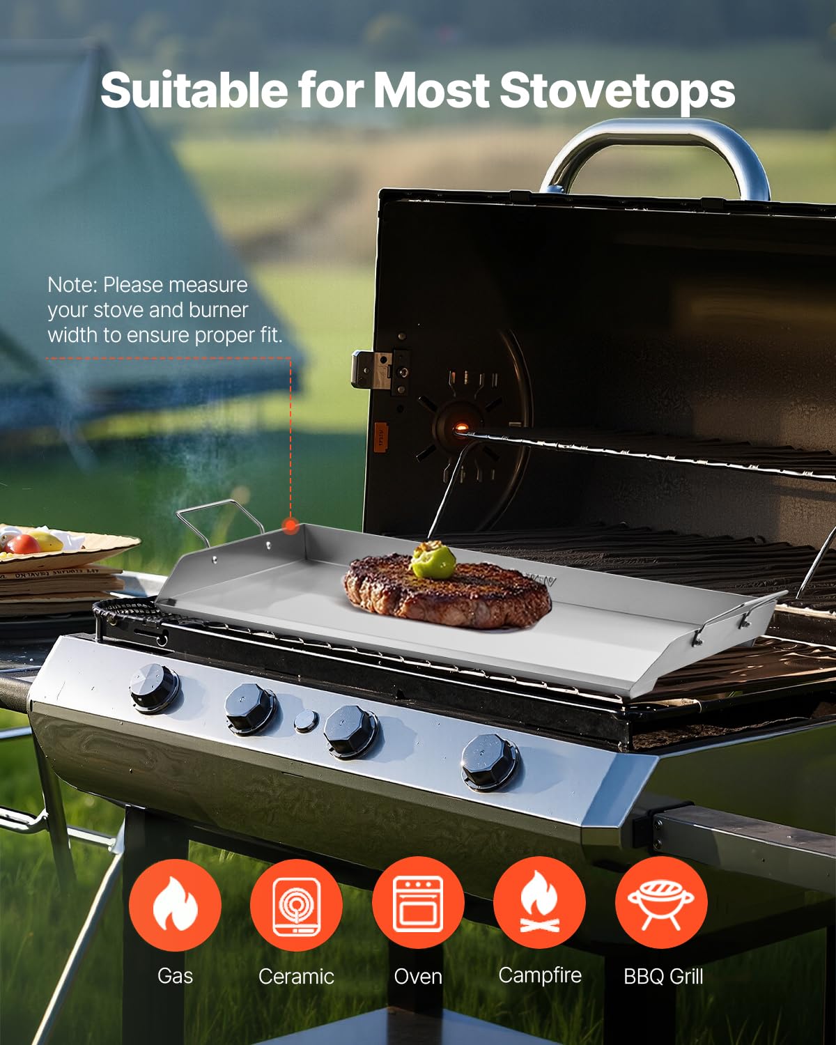 VEVOR Patelnia grillowa, ze stali nierdzewnej, uniwersalna, prostokątna płyta (809 x 370 mm) z płaskim blatem, płyta grillowa do grilla gazowego Teppanyaki, przenośne naczynia rodzinne z uchwytem