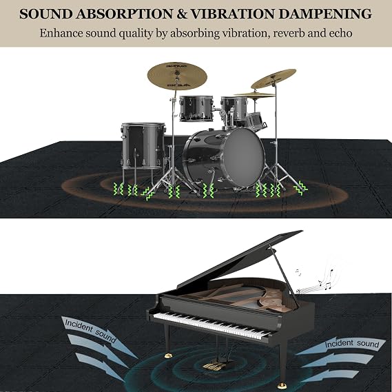 TroyStudio Thick Drum Rug Pad, 24 Pcs 11 x 11 x 0.32 inches Interlocking Sound Absorbing Rug, Non Slip Anti Vibration Sound Proof Floor Mats, Acoustic Carpet Blankets for Drum Set, Piano, Studio