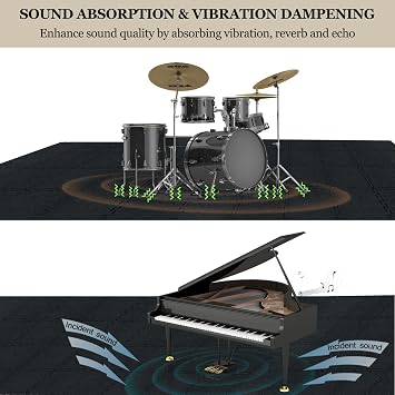 TroyStudio Thick Drum Rug Pad, 24 Pcs 11 x 11 x 0.32 inches Interlocking Sound Absorbing Rug, Non Slip Anti Vibration Sound Proof Floor Mats, Acoustic Carpet Blankets for Drum Set, Piano, Studio