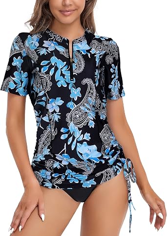 LURANEE Womens Short Sleeve Rash Guard Shirts UPF 50+ Side Adjustable Wetsuit Swimsuit Top S-XXL
