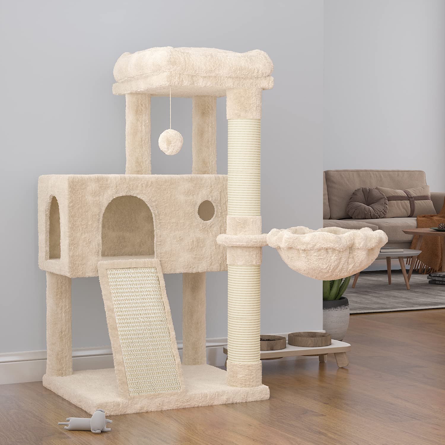 SHA CERLIN Cat Tree 36 Inches Cat Tower with Hammock, Sisal Scratching Post for Indoor Kittens, Small Room, Beige