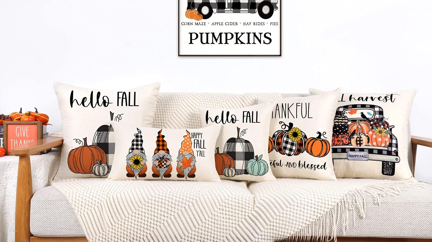 4TH Emotion Fall Decor Pillow Covers 16x16 Set of 4 Thanksgiving Pumpkin Farmhouse Decorations Buffalo Check Gnomes Outdoor Happy Fall Harvest Pillows Decorative Throw Cushion Case for Couch TH006