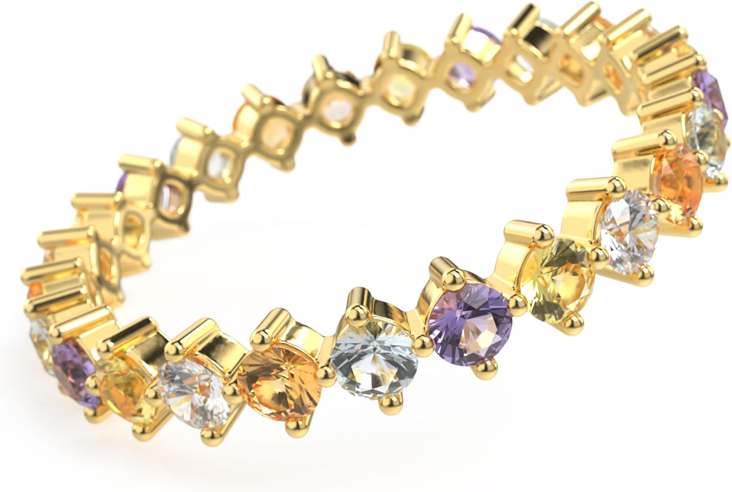 AMORAMOR & FOREVER Dainty Eternity Stackable Ring for Women – 14K Gold Plated Thin Rainbow Band with Colorful Cubic Zirconia, Cute CZ Wedding Ring