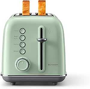 BUYDEEM DT620 2 Slice Toaster, Extra Wide Slots, Retro Stainless Steel with High Lift Lever, Bagel and Muffin Function, Removal Crumb Tray, 7-Shade Settings (Cozy Greenish, 2-Slice)