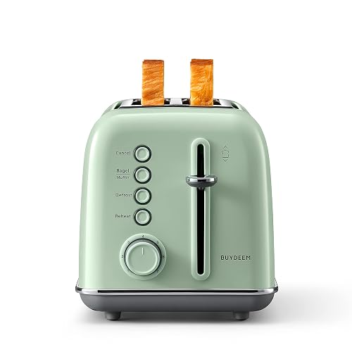BUYDEEM DT620 2-Slice Toaster, 7 Shade Settings, Extra Wide 1.5'' Slots for Bagel & English Muffin, 6 Toasting Functions, Retro Stainless Steel Toaster with High Lift Lever, Cozy Greenish - 2-Slice - Cozy Greenish