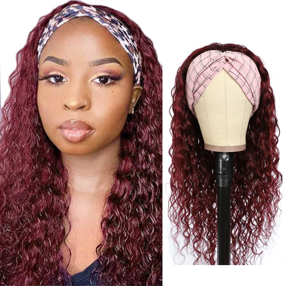 1B99J Kinky Curly Headband Wig Human Hair Ombre Burgundy