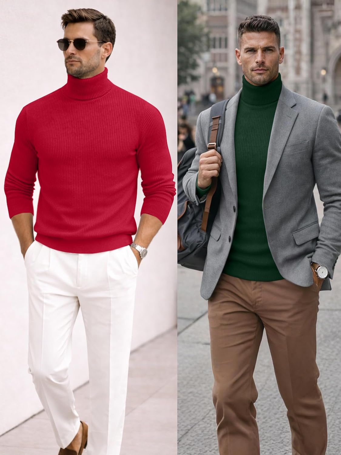 URBAN BUCK Turtleneck Men Long Sleeve Knitted Sweater - Ultra Soft Cotton Slim Fit Ribbed Winter Turtle Mock Neck Sweatshirt
