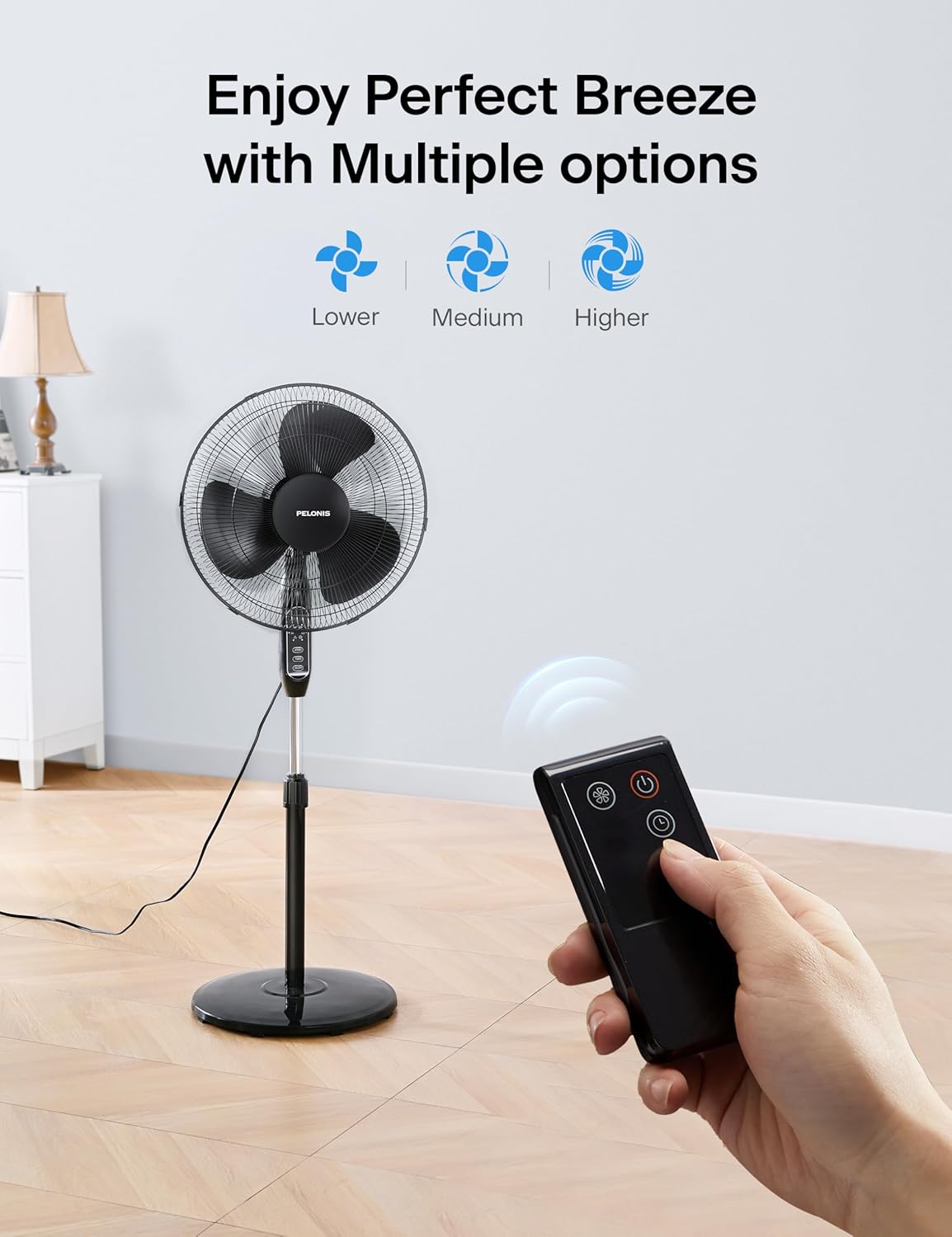 PELONIS 16'' Pedestal Fan for Bedoom with Remote, Upgraded, Standing Fan with 7-Hour Timer, 90° Oscillation, 3-Speeds, Adjustable Height, Electric Cooling Fans for Living Room and Office