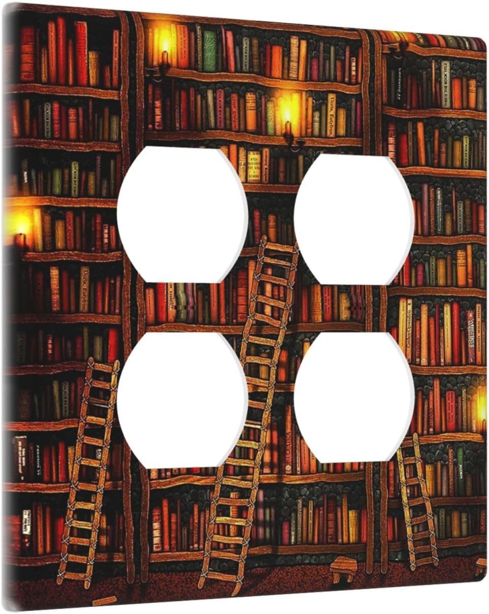Vintage Printed Bookshelf Library Books Bookcase Outlet Covers 2-Gang Duplex Light Switch Covers Decorative Gfci Wall Plate Electrical Receptacle Switchplate Plug Faceplate for Bathroom Decor image 2
