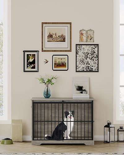 Miniatura 7 de Mueble XL grande para perros, muebles de interior para perreras de 44.1 pulgadas con puerta de granero, jaula alta de madera para perros, jaula