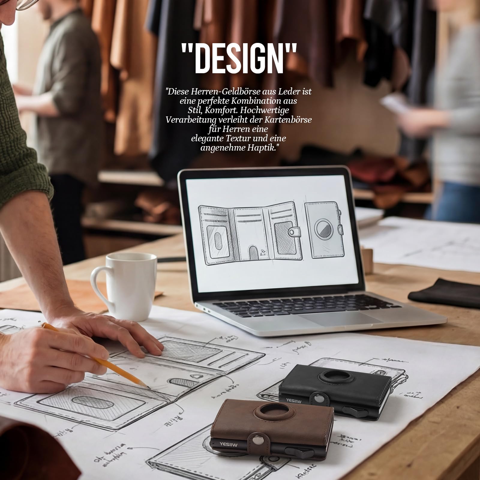 YESIIW Geldbörse Herren Slim Echtleder für AirTag mit RFID Schutz, Schwarz | Airtag-kompatibel Rfid-schutz Pop-up Kartenfach Echtes Leder 10 Kartenfächer 2 Ausweisfächer Münzfach