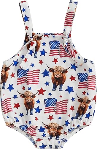 Traje de bebé niña del 4 de julio, color rojo, blanco y azul, estampado de burbujas, overol general para bebé niña del 4 de julio